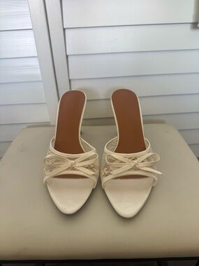 Women's Cream Slip-On Mules with Lace Bow Accent